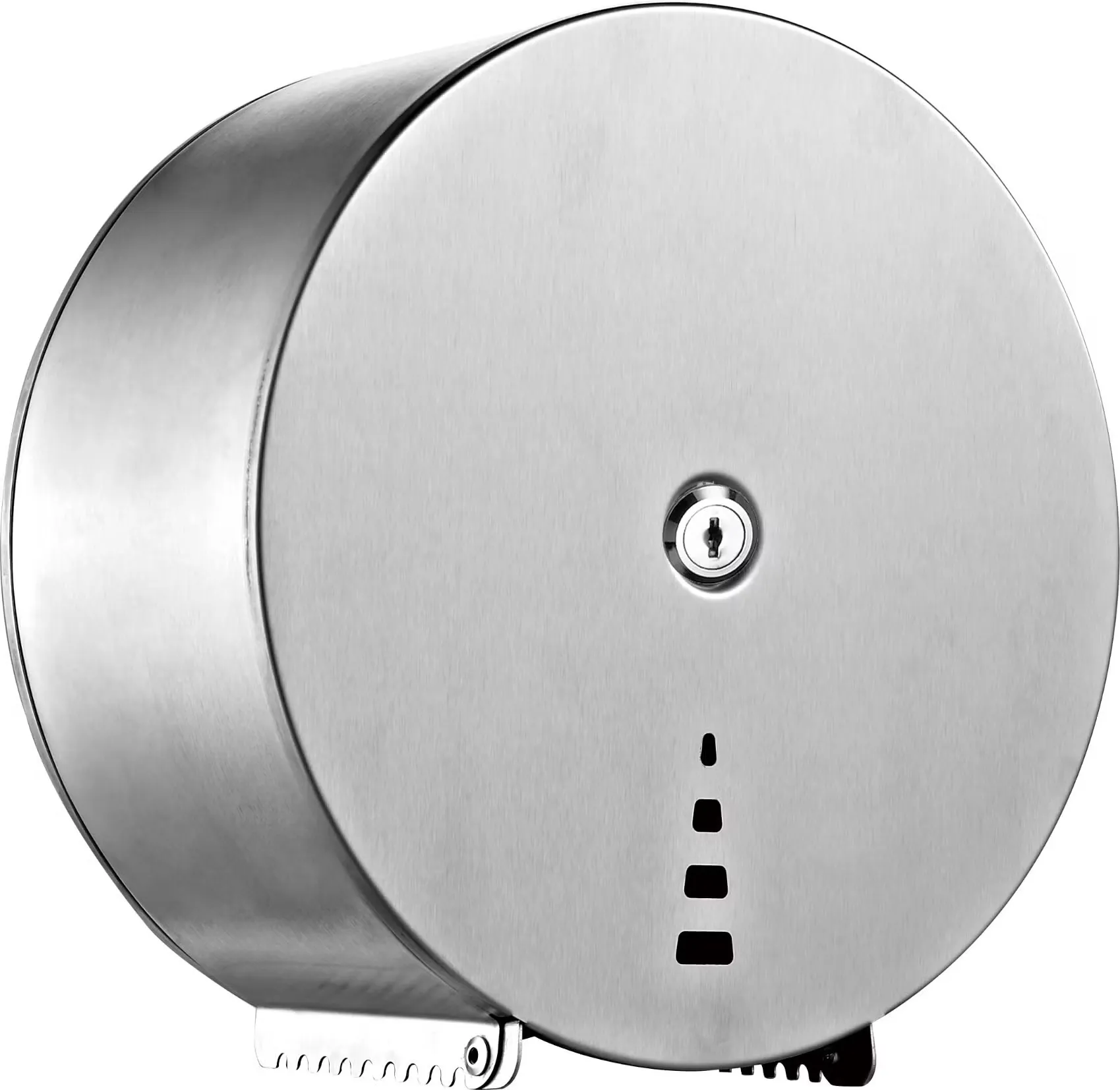 Round brushed stainless steel jumbo roll dispenser with a key lock