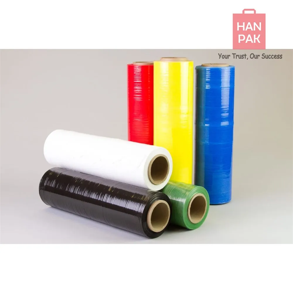 Rolls of clear, black, red, yellow, blue and green stretch film